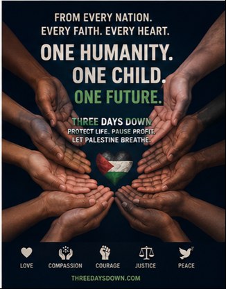 Hands of different skin tones reach toward a heart painted in the Palestinian flag beneath the words “One child. One future.”