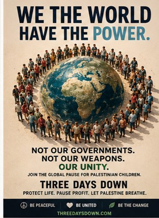 People in varied dress stand hand in hand around the Earth beneath the words “We the world have the power.”
