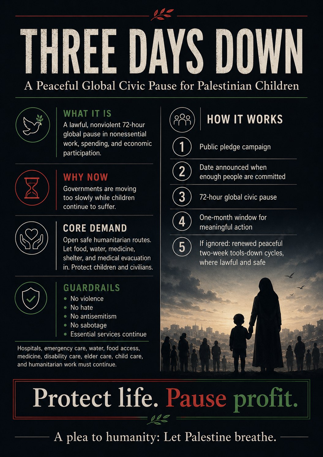 Campaign infographic explaining the peaceful three-day pause, its humanitarian aims and safety rules beside a parent and child.