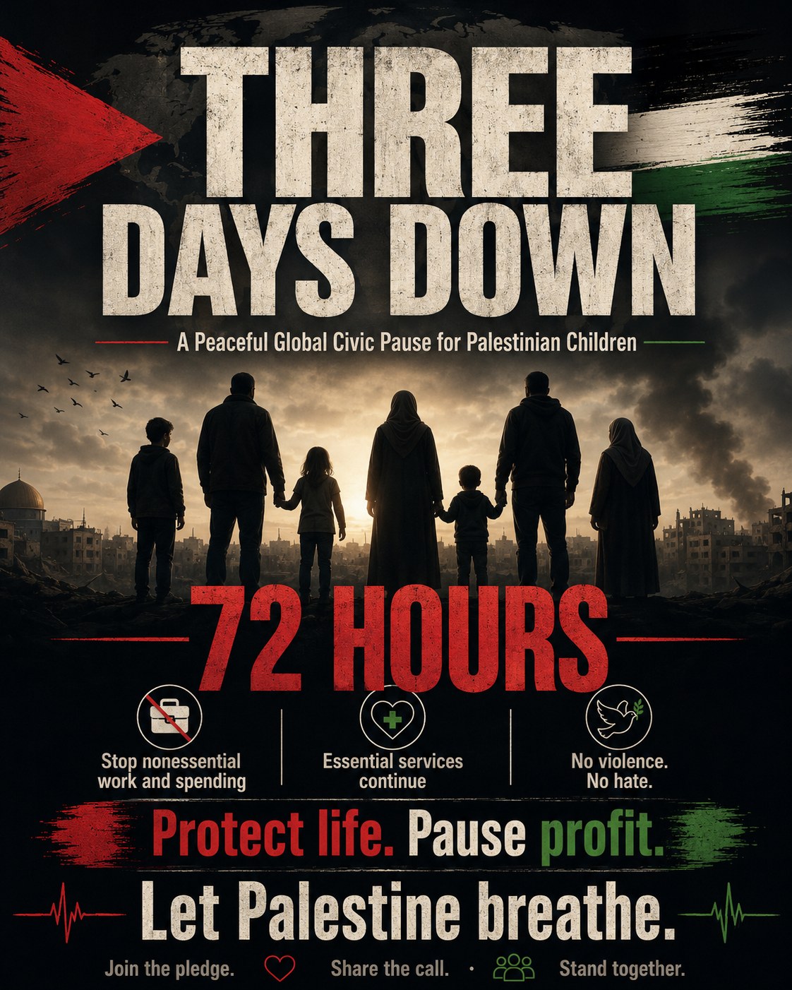 Two families stand with children against a damaged city skyline under the words “Three Days Down” and “72 hours.”